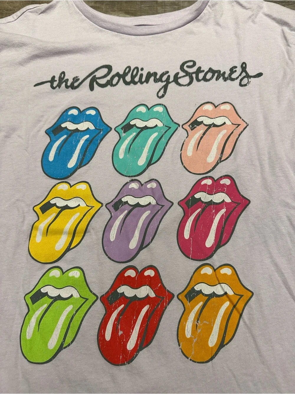 the Rolling Stones Lavender Kids Tee with Colorful Tongue Grid